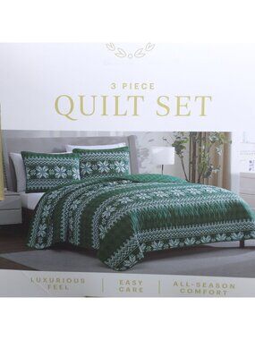 Lenox 3-Piece King Quilt Set Luxurious Feel Easy Care Green Fair Isle Holiday